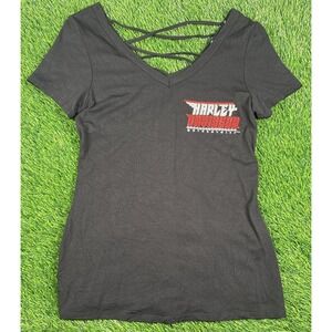 Harley Davidson Women's V-Neck T-Shirt sz S Stretch Crisscross Back Rhinestone